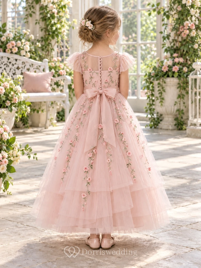 Teelanges, zartrosa geblümtes Sommerkleid in A-Linie aus Tüll mit Puffärmeln und Stufenrock für Blumenmädchen view 2