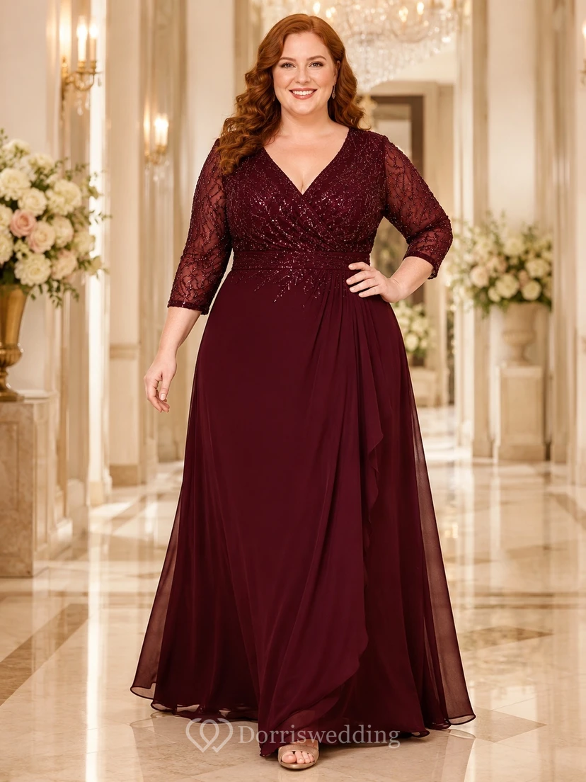 Burgunderfarbenes, elegantes A-Linien-Kleid aus Chiffon mit V-Ausschnitt, Dreiviertelärmeln und Spitze in Übergröße