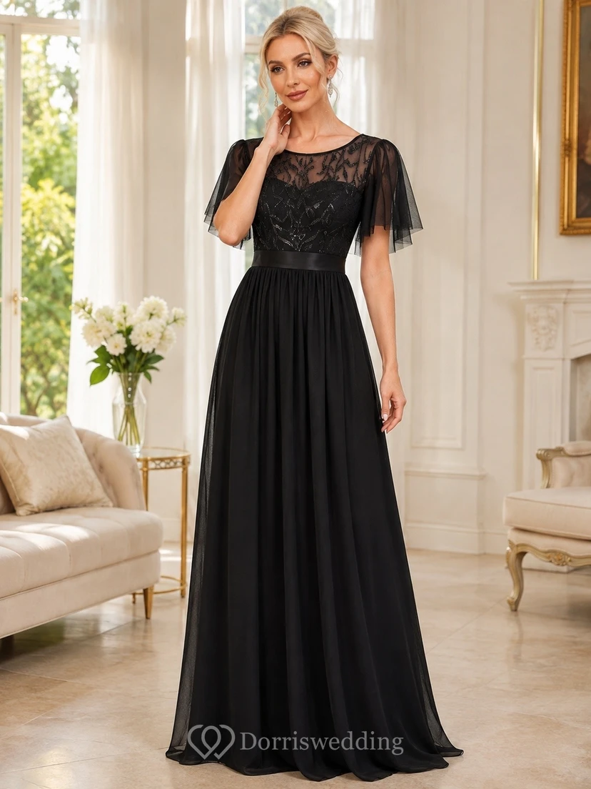 Black Elegant High-Neck Chiffon-Lace Short-Sleeve A-Line Floor-Length Dress
