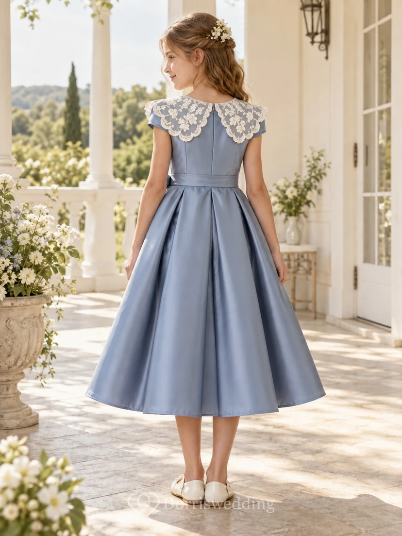 Vintage Tea-length Blue Cap Sleeve Floral Collar Bow Satin Flower Girl Dress view 2