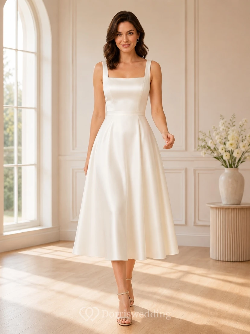 Simple Square Neck Satin A-Line Tea-Length Civil Courthouse Wedding Dress