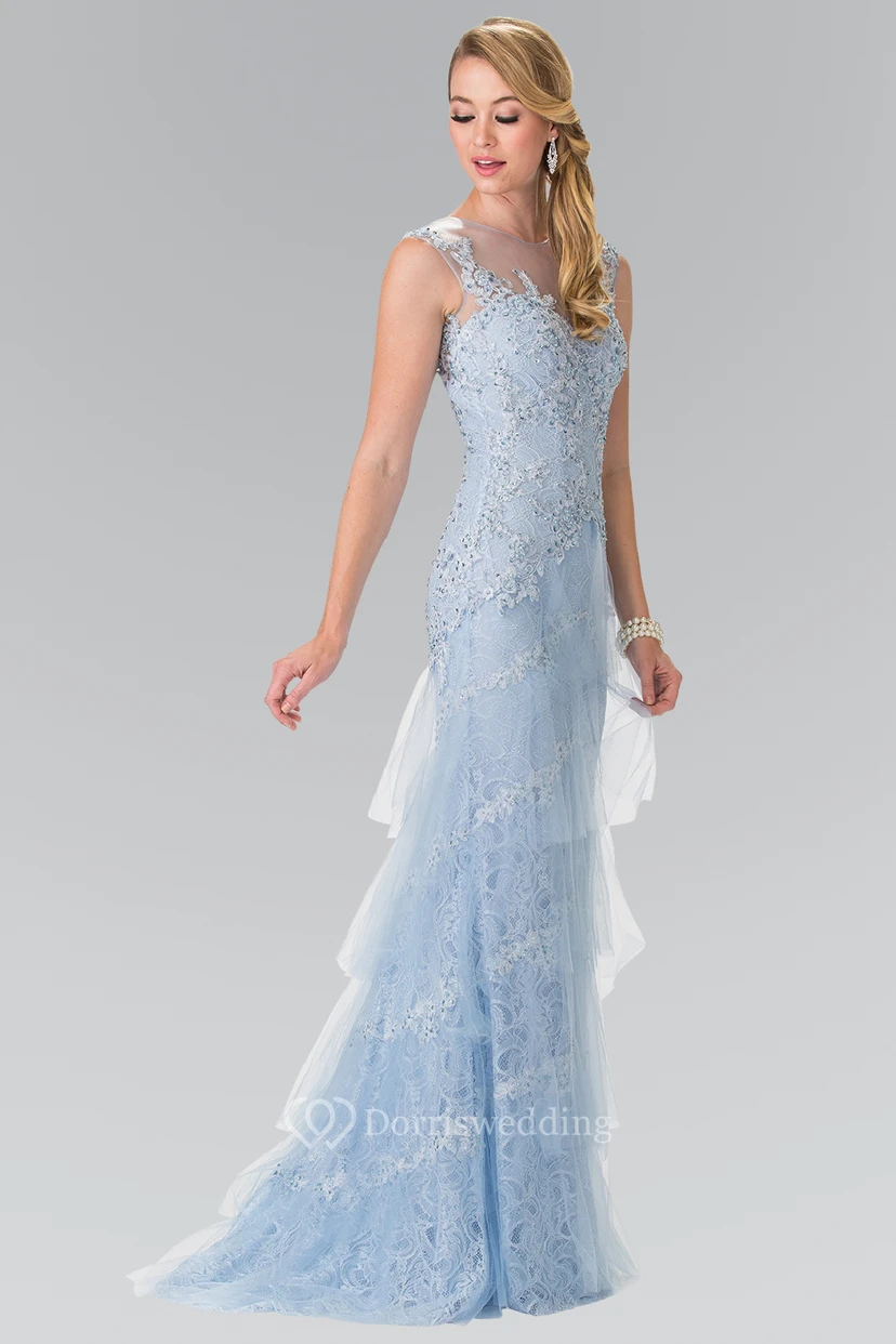 Sheath Maxi Scoop-Neck Sleeveless Tulle Lace Low-V Back Dress With Beading And Tiers