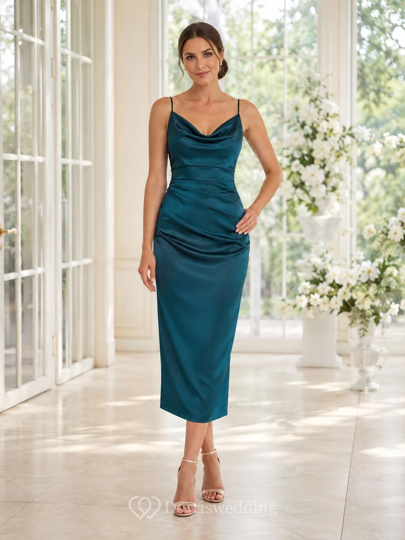 Dunkelgrünes, figurbetontes Brautkleid aus Satin mit Wasserfallausschnitt und Spaghettiträgern in Midi-Länge