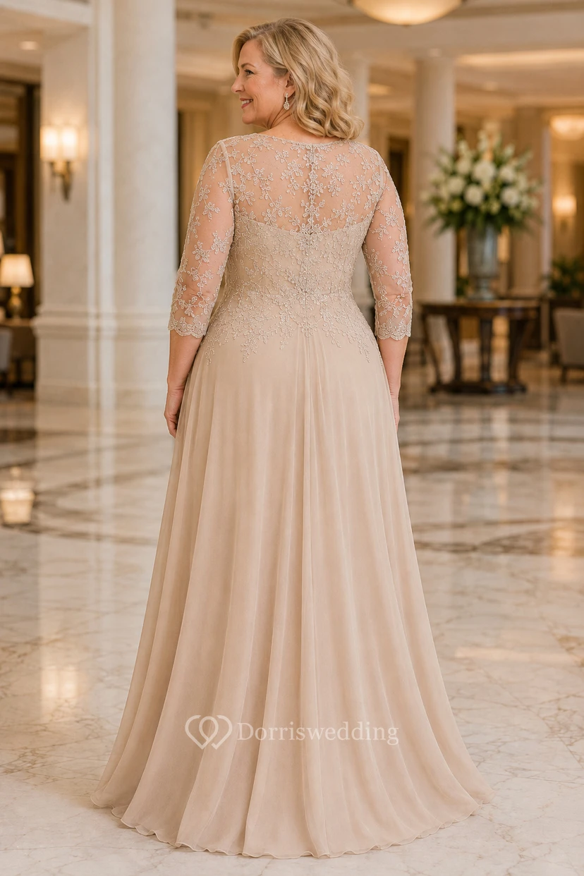MOB Dress Champagne Chiffon Lace A-Line 3/4 Sleeve Bateau Neck Floor Length view 2
