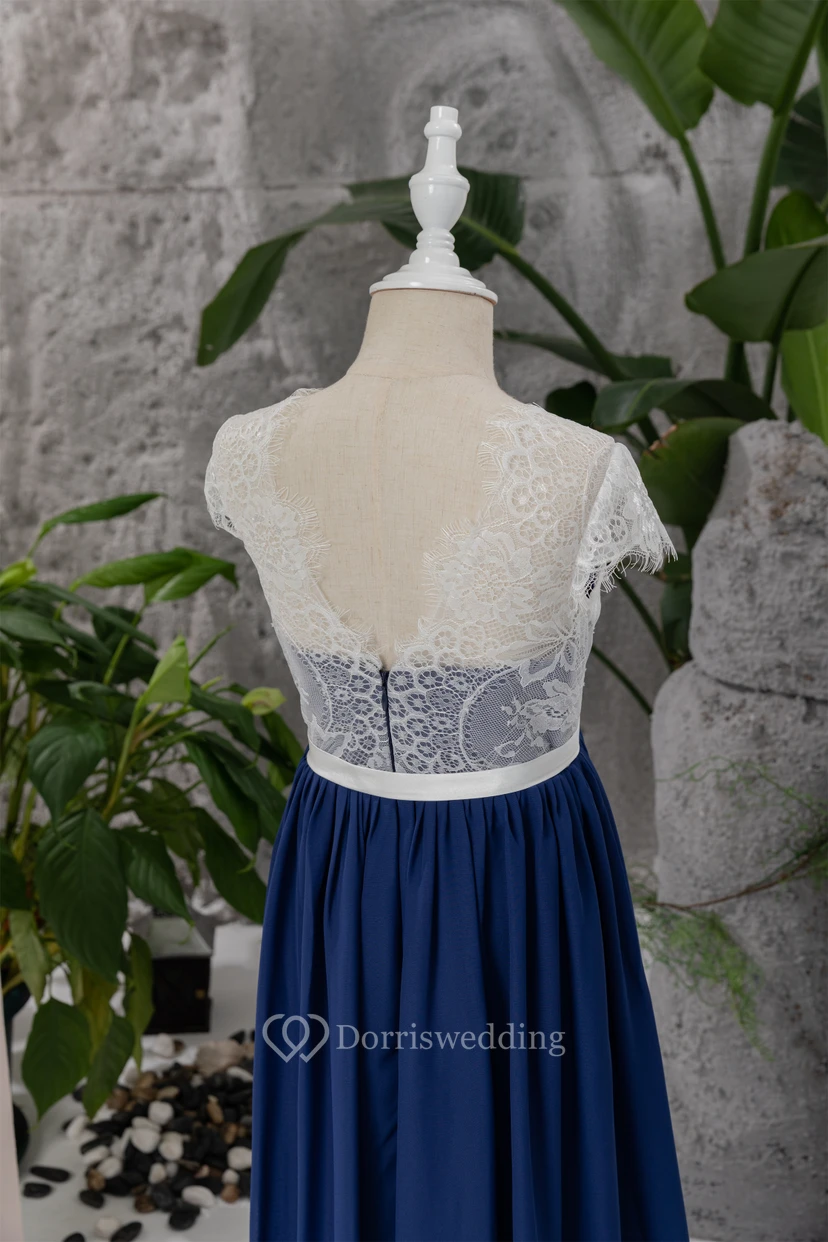 Lace Scoop-neck Cap Two-Tone Dark Blue Flowergirl Dress view 9
