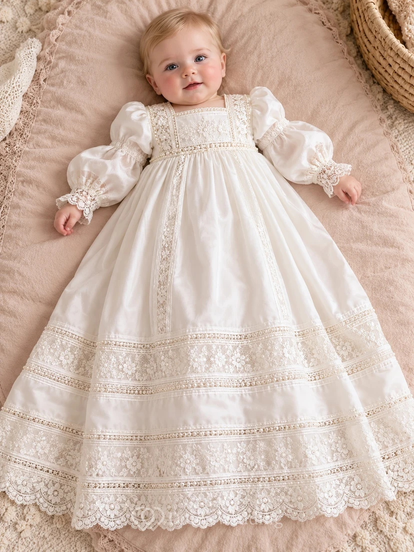 Long Sleeve Square Neck Ivory Satin Lace Panel Baptism Gown