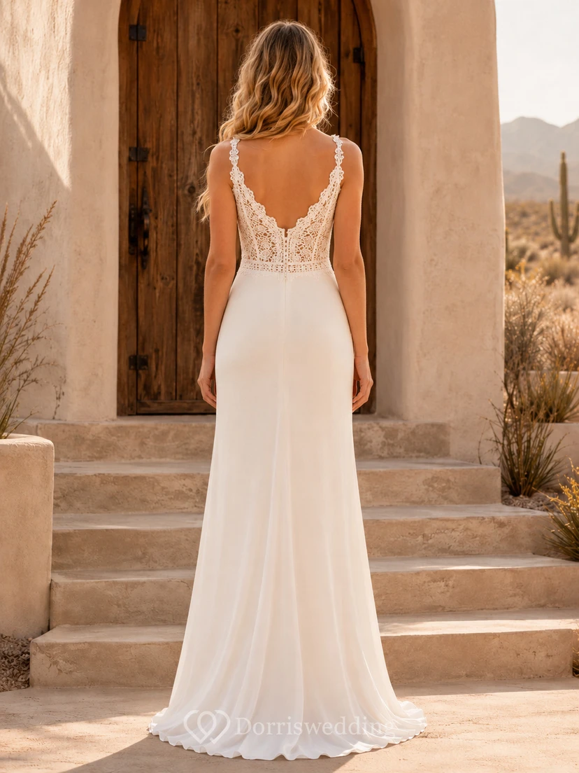 Boho Sheath Lace Bodice Desert Chapel Elopement Wedding Dress view 2