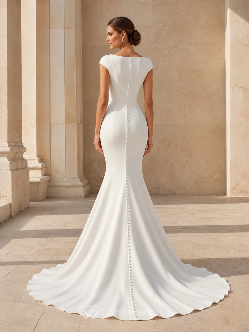 Minimalistisches Brautkleid mit U-Boot-Ausschnitt, kurzen Ärmeln, Meerjungfrauen-Schleppe und Kapellenschleppe aus Satin für standesamtliche Trauungen view 2