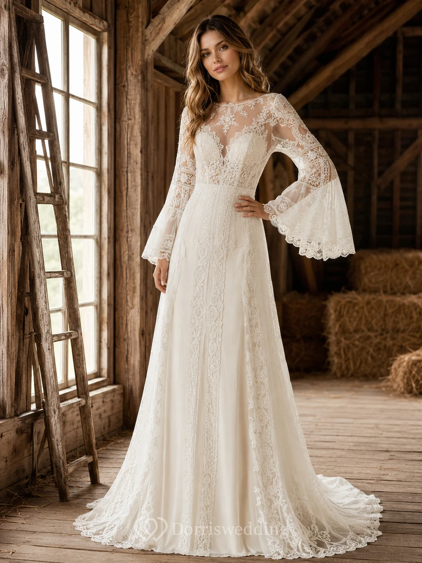 Langärmeliges Brautkleid aus Spitze im rustikalen Scheunenstil