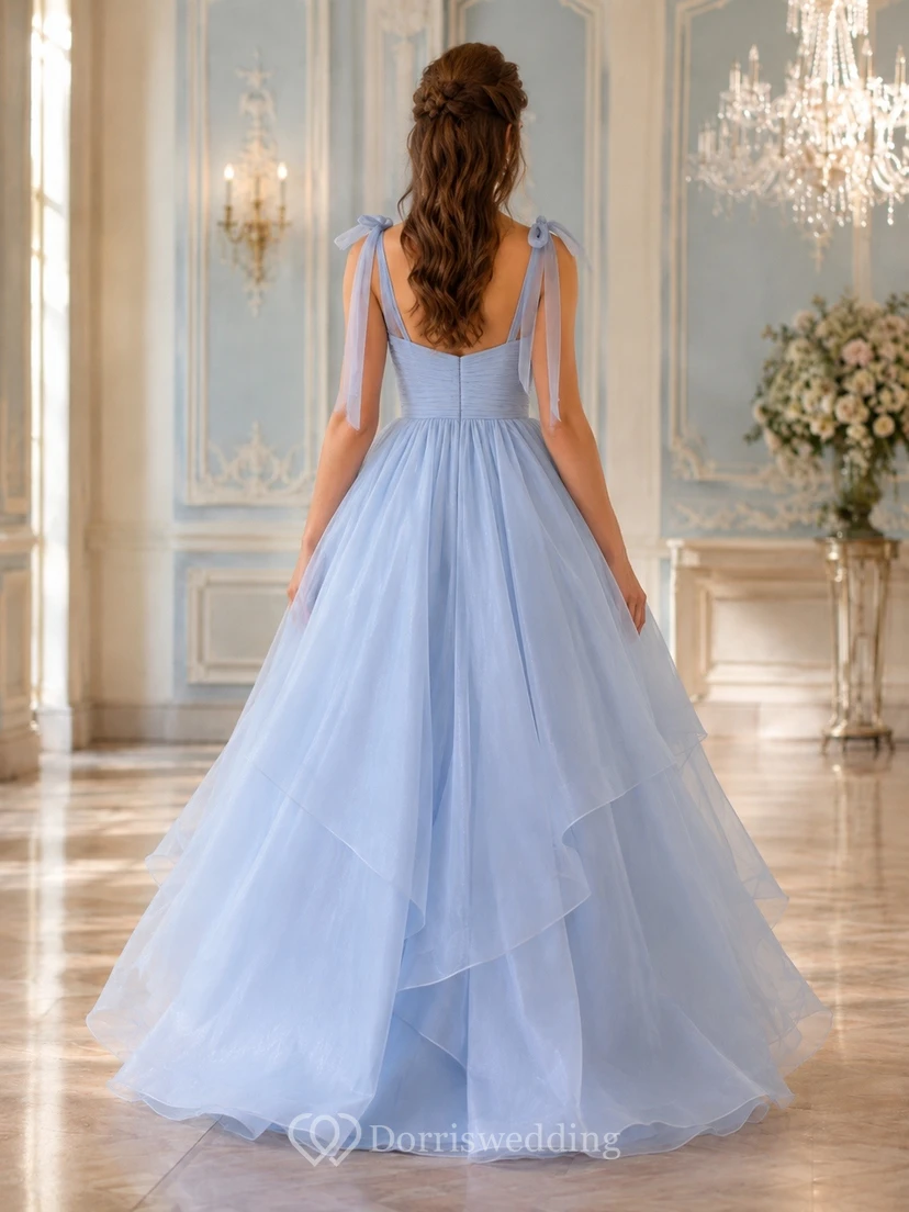 Vestido de gala de corte A con volantes y sin tirantes de tul azul cielo view 2