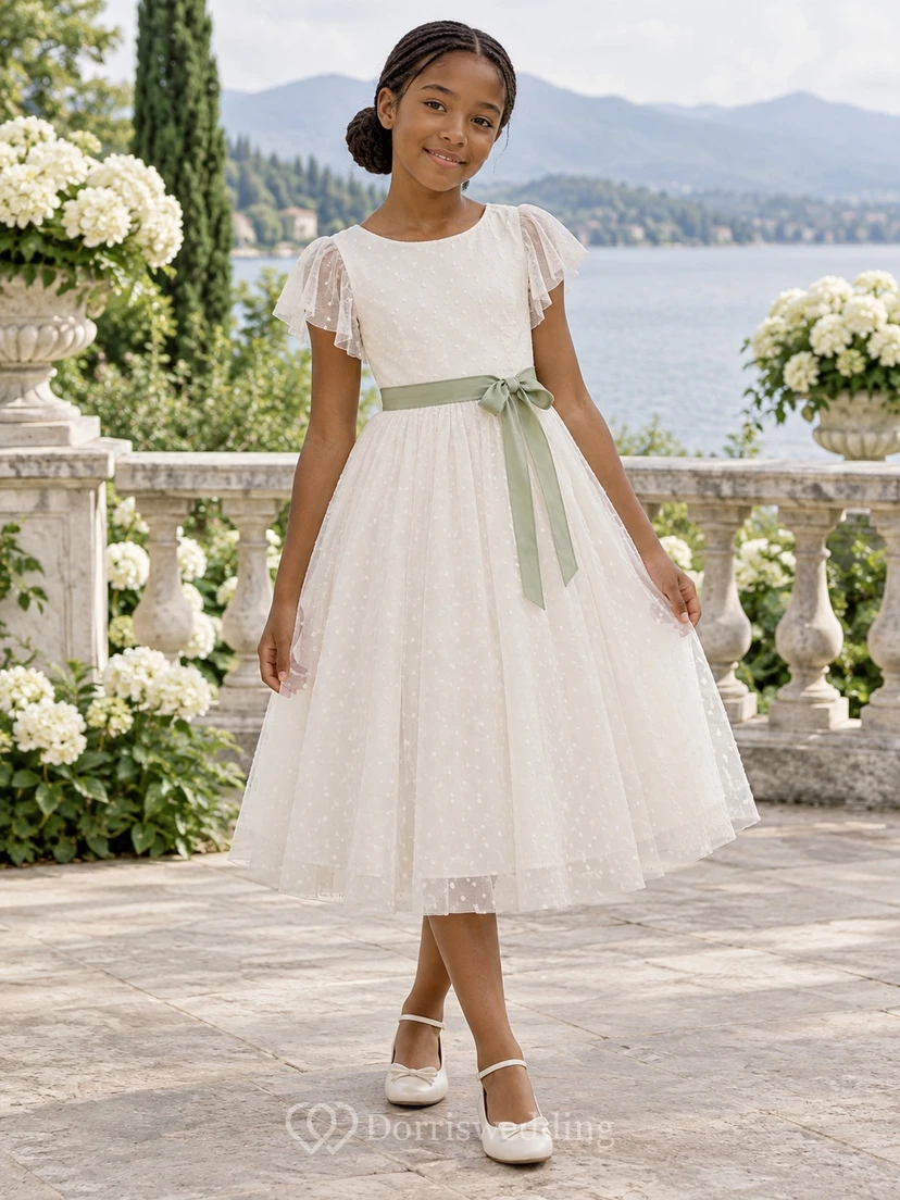 Tea-length Ivory A-line Lace Tulle Flutter-sleeve Green-sash Bow-back Flower Girl Dress
