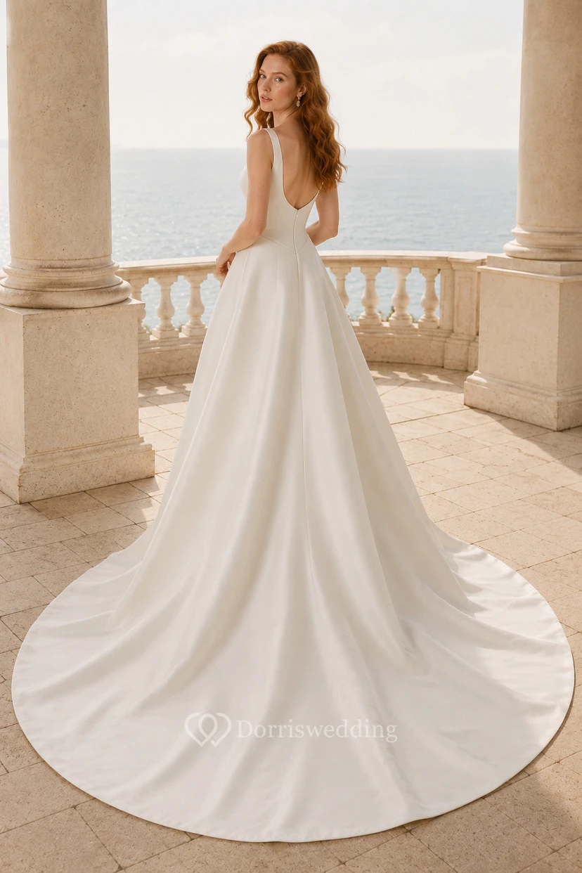 Ivory Scoop Neck Satin Ball Gown Wedding Dress with Low Back view 2