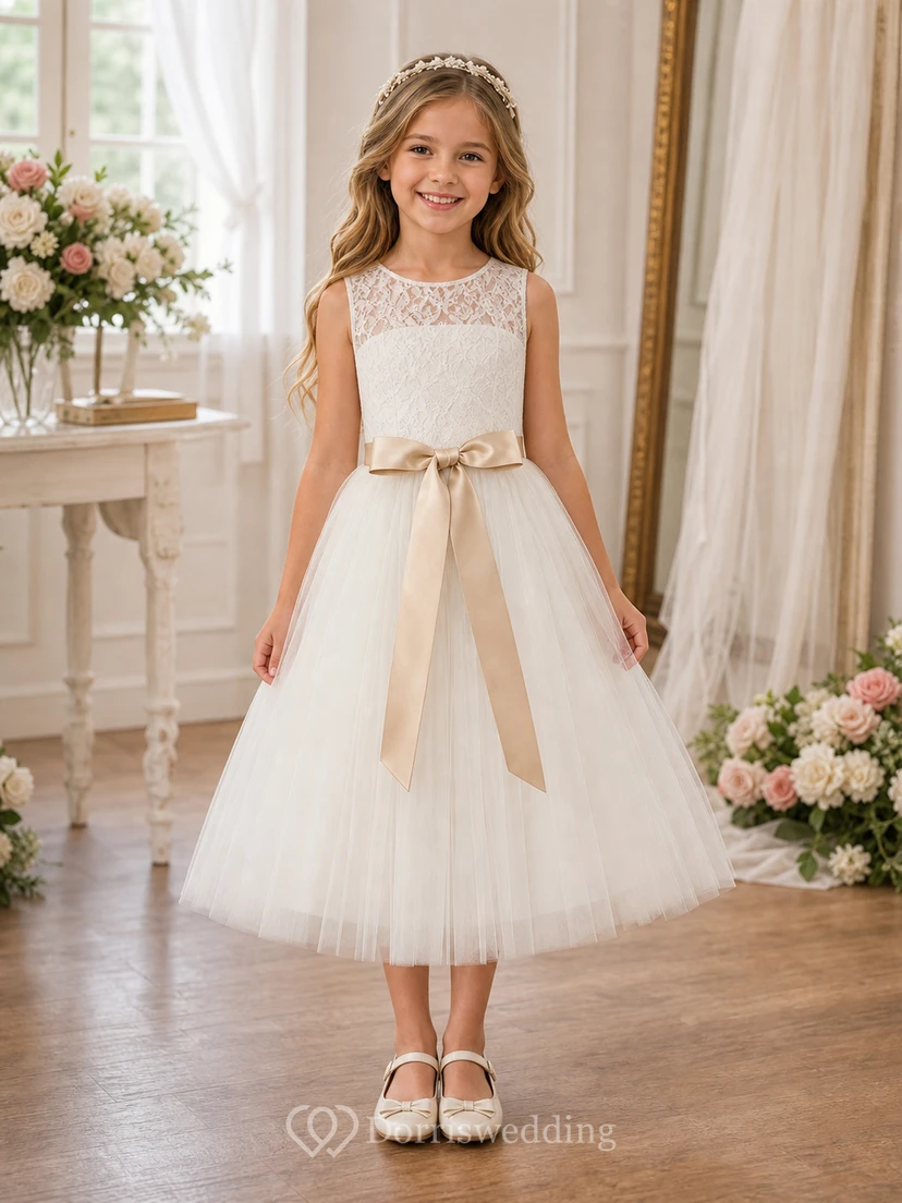 Scoop Sleeveless White First Communion A-line Tulle Bow Keyhole Back Flowergirl Dress video preview