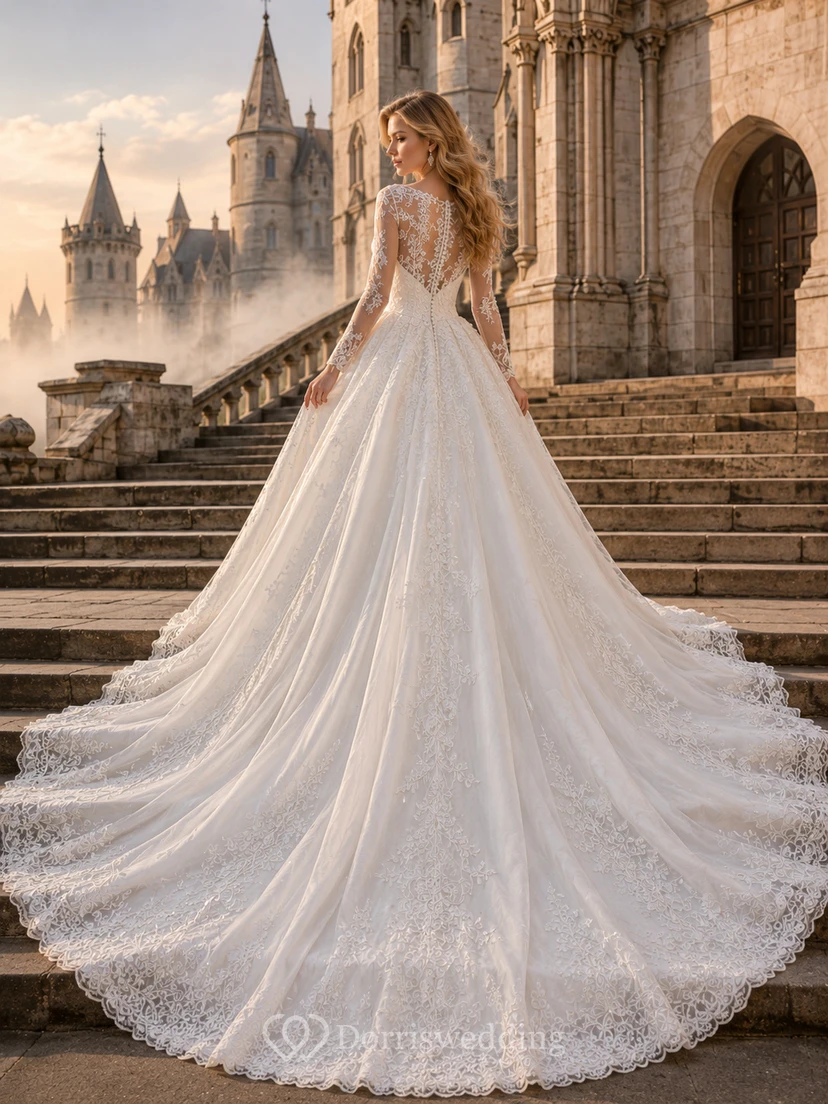 Robe de mariée en dentelle et tulle, robe de bal, bustier cœur, manches longues, traîne, dos nu en V view 2