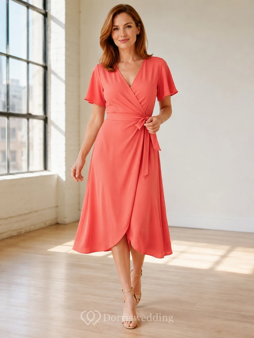 Robe midi portefeuille à manches courtes et col V en jersey corail