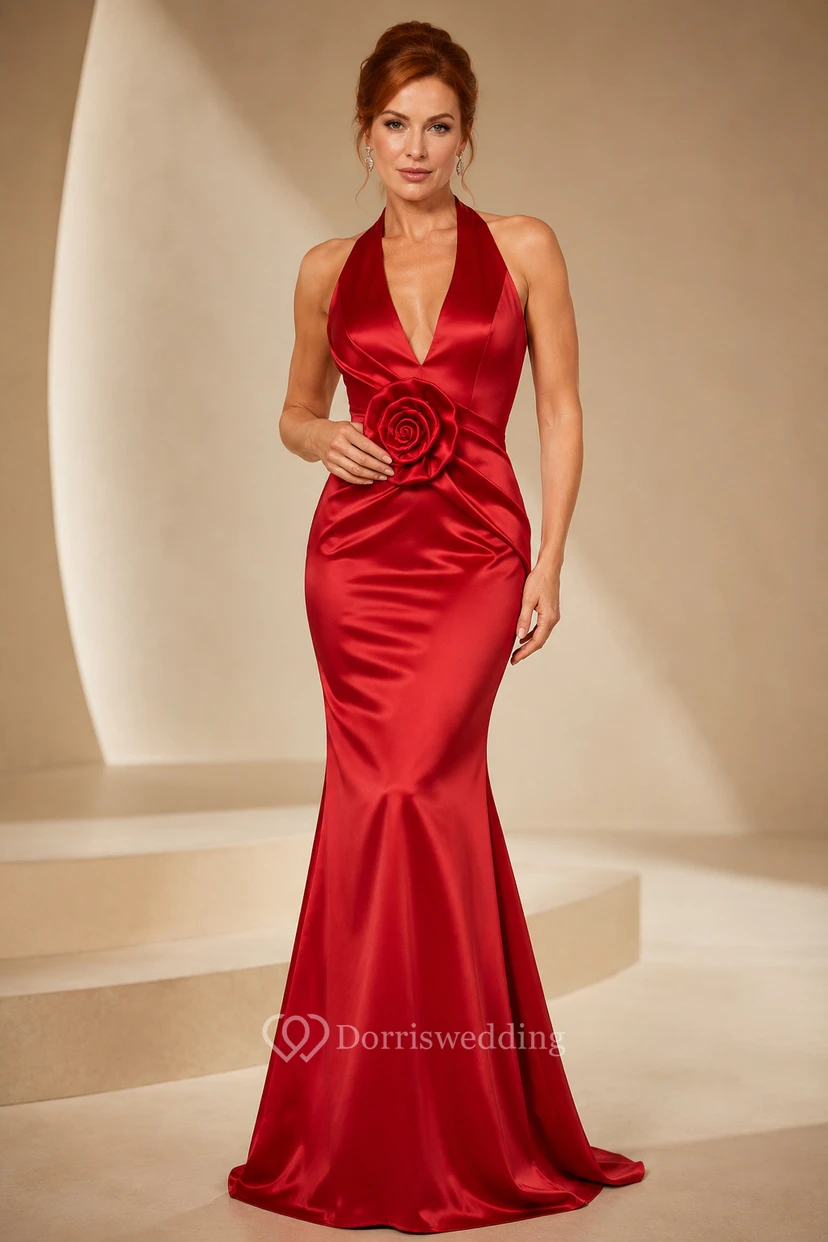 Red Halter Satin Mermaid Formal Dress with Rosette Waist Detail