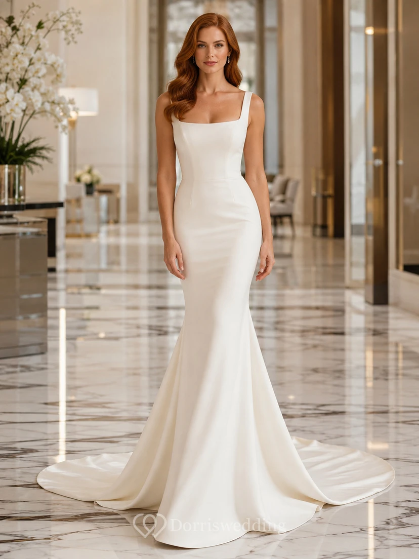 Minimalistisches Brautkleid aus Satin im Meerjungfrauenstil mit eckigem Ausschnitt, ärmellos, mit Schleppe