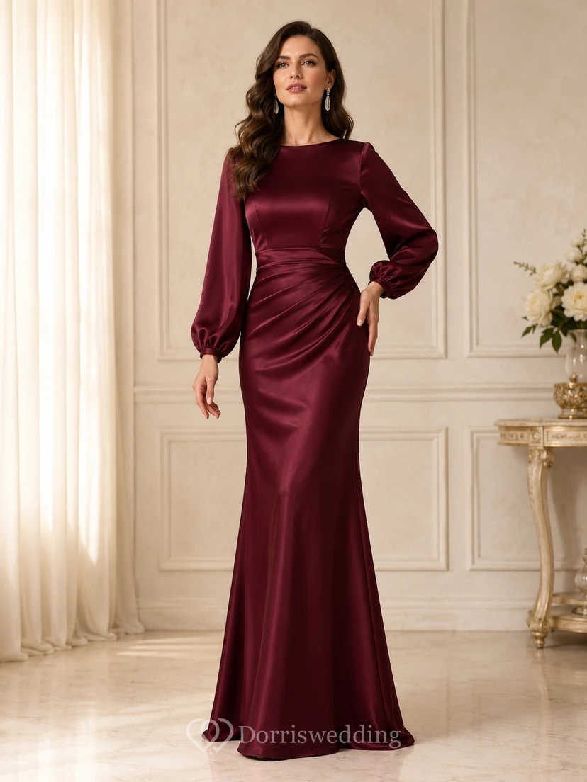 Modest Burgundy Jewel Neck Long Poet Sleeve Satin Mermaid Floor-Length Gown