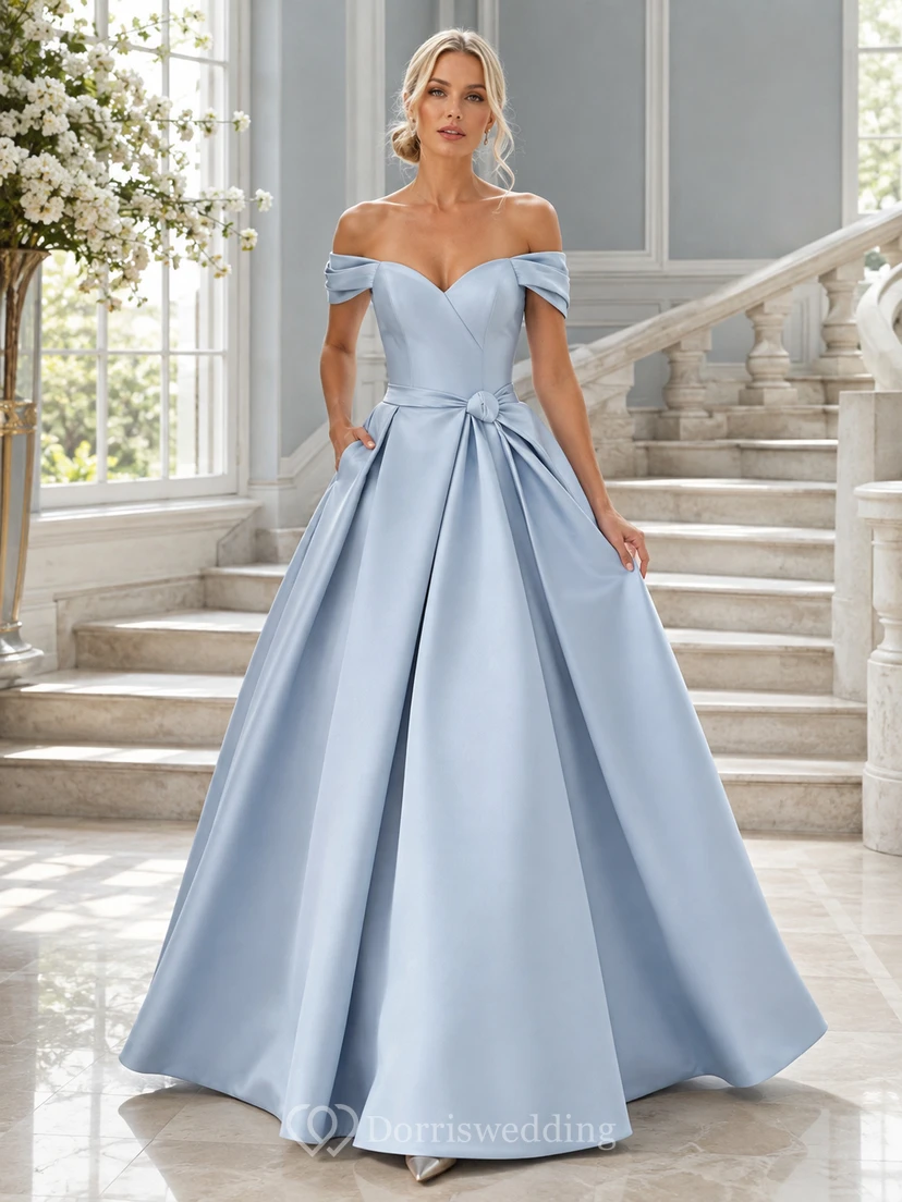 Elegante vestido de fiesta largo de satén azul cielo con escote corazón y lazo, sin hombros.