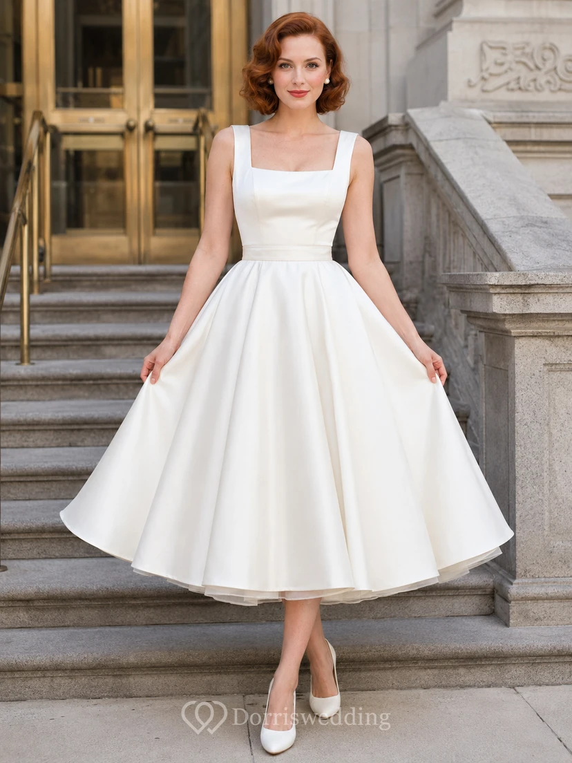 Square Neck Satin Tea Length Retro City Hall Bridal Dress