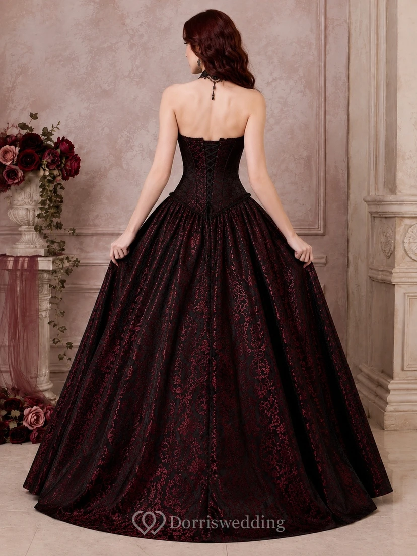 Black Strapless Sweetheart Textured Taffeta Ball Gown Gothic Evening Dress view 2
