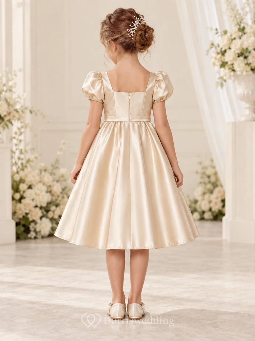 Knee-length Square-Neck Simple Champagne A-line Satin Puff-sleeve Side-tie Flower Girl Dress view 2