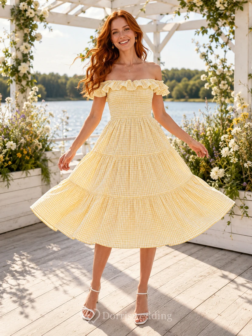 Summer Daffodil Gingham Guinguette A Line Tea Length Off Shoulder Tiered Dress