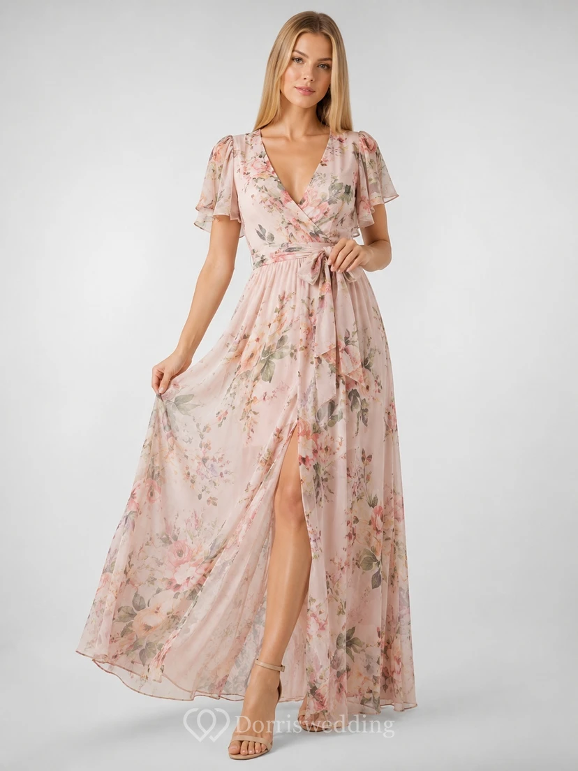 Vestido de invitada largo hasta el suelo, de gasa, corte A, con escote en V y mangas con volantes, color rosa empolvado y estampado floral.