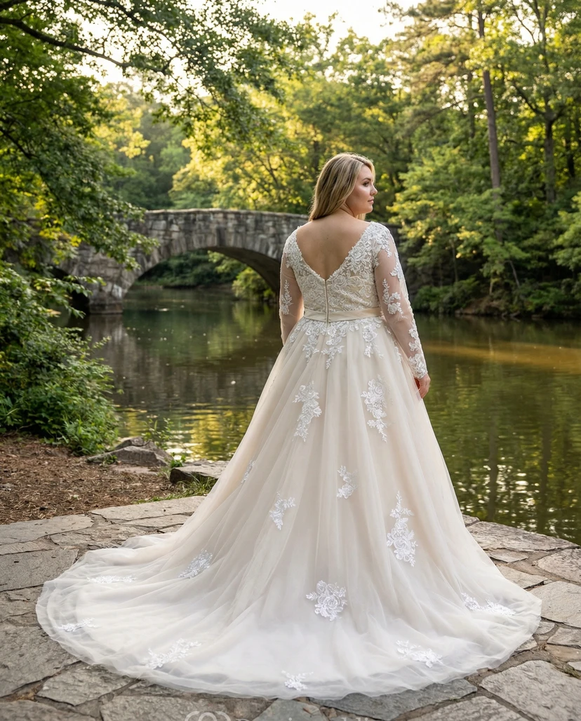 Vestido de novia romántico de corte A con encaje y mangas largas view 2