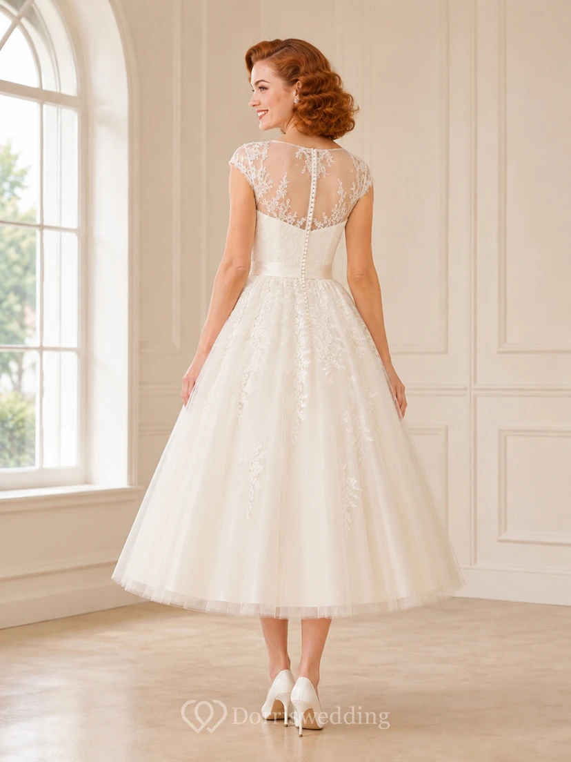 1950s Tea-Length Sweetheart Cap Sleeve Tulle Vintage Romantic Wedding Dress view 2