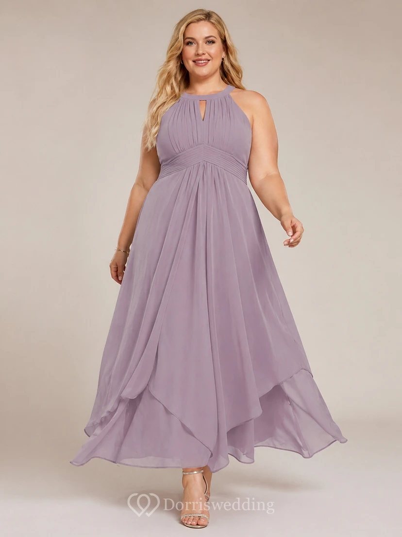 Elegant Burgundy Chiffon Halter Neck Evening Gown with Flowing High-Low Hem view 5