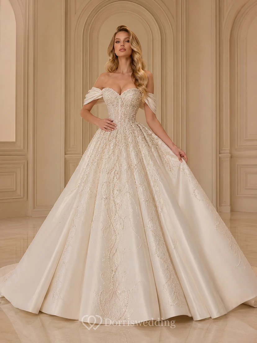 Robe de bal en satin brillant et dentelle, épaules dénudées, manches courtes, traîne chapelle, applications florales, style jardin, robe de mariée
