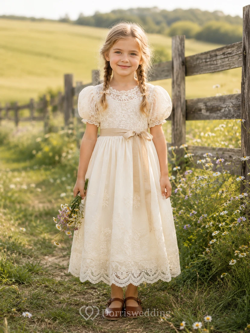 Flower Girl Dress Ivory Lace Tulle A-Line Short Sleeve Scoop Neck Tea Length