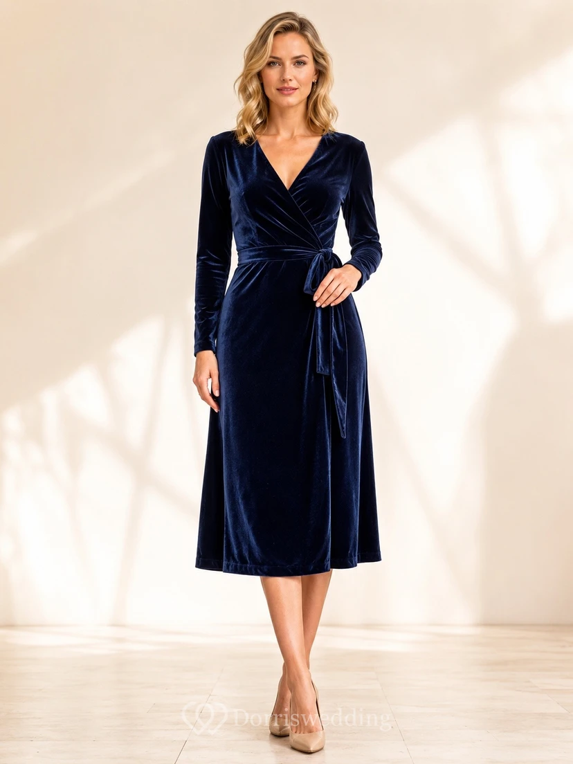 Marineblaues, langärmeliges, wadenlanges Samtkleid mit V-Ausschnitt und dezentem Schnitt