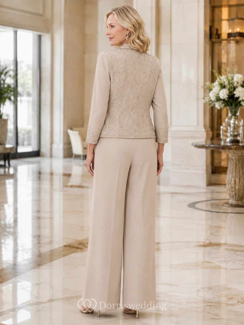 Mother Champagne Chiffon Jumpsuit with Cowl Neck Textured Jacket and Wide Leg Pants view 2