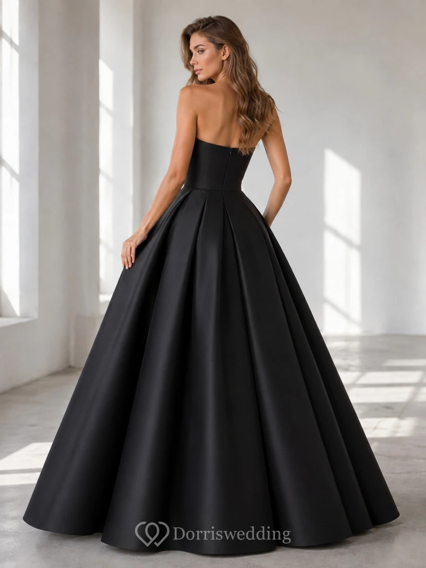 Black Strapless Satin Sleeveless Ball Gown Floor-Length Evening Dress view 2
