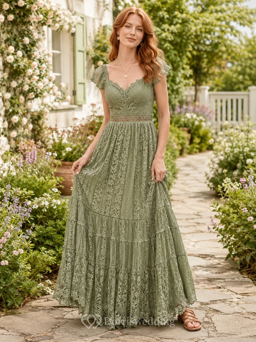 Sage Bohemian Lace Short Sleeve V-Neck A-Line Floor Length Evening Dress