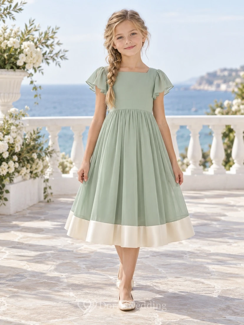Modest Square Neck Sage Tea-length Folded Flutter Sleeve Ivory Banded Chiffon Flower Girl Dress