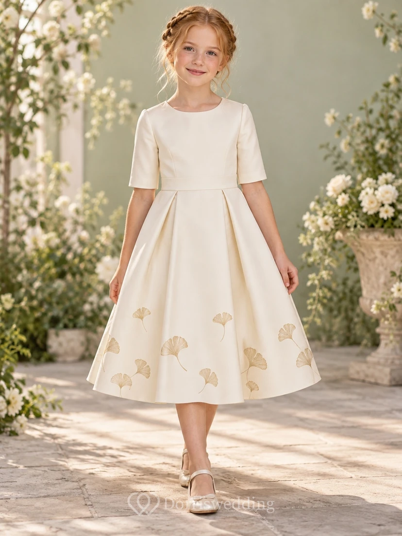 Modest Simple Cream Tea-length Jewel Elbow-Sleeve Sparse Ginkgo-Motif Pleated Waistband A-line Flowergirl Dress