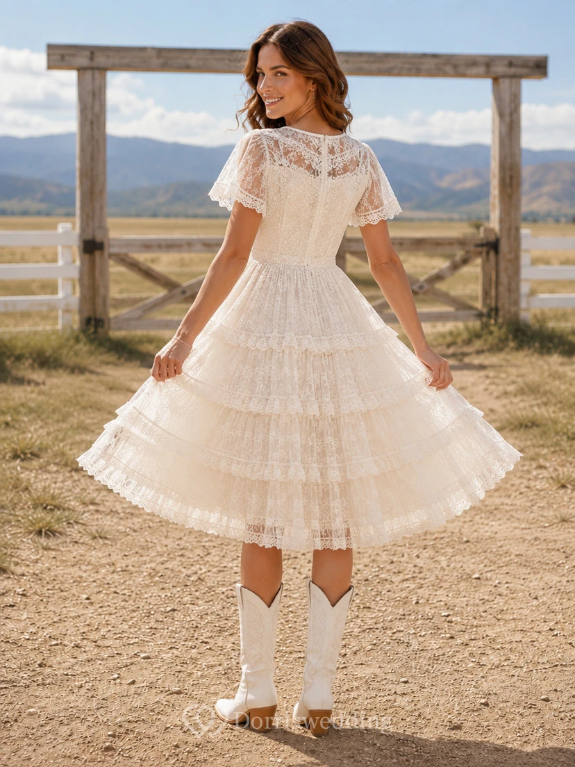 Western V Neck Lace Wedding A Line Flutter Sleeve Tiered Tea Length view 2