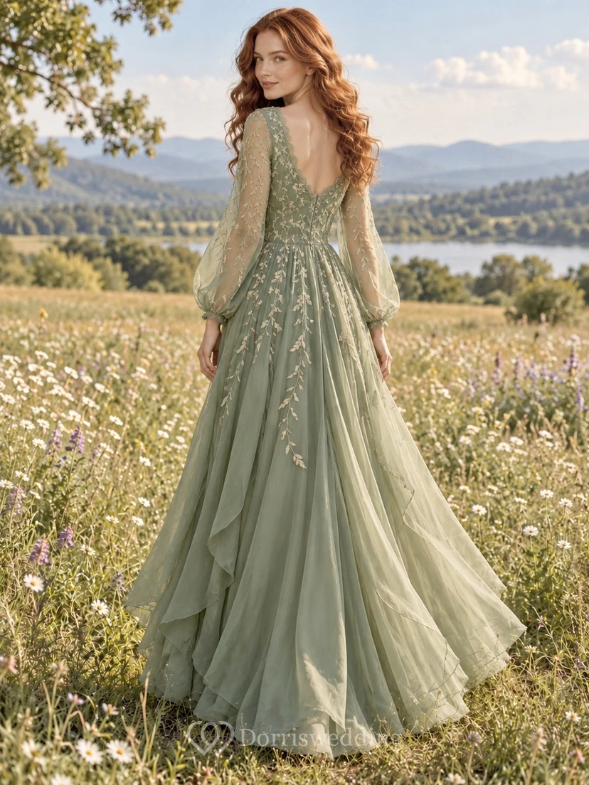 Robe de bal en mousseline superposée, col en V, dentelle à feuilles, couleur sauge, manches longues view 2