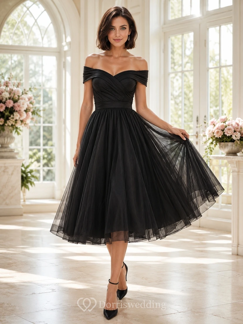 Black Off-Shoulder Tulle A-Line Tea-Length Vintage Romantic Cocktail Dress