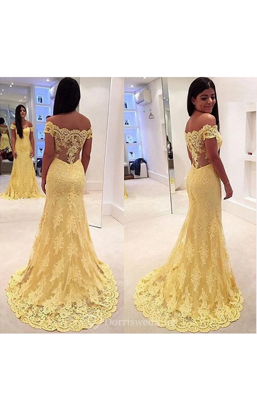 Modernes gelbes Abendkleid im Meerjungfrauenstil mit schulterfreiem Schnitt und Spitzenapplikationen view 3