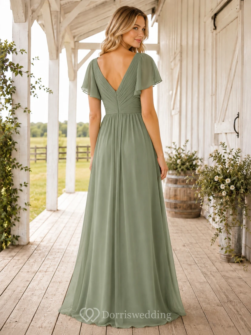 Sage Chiffon A-Line V-Neck Flutter Sleeve Pleated Low Back Floor-Length Bridesmaid Dress view 2