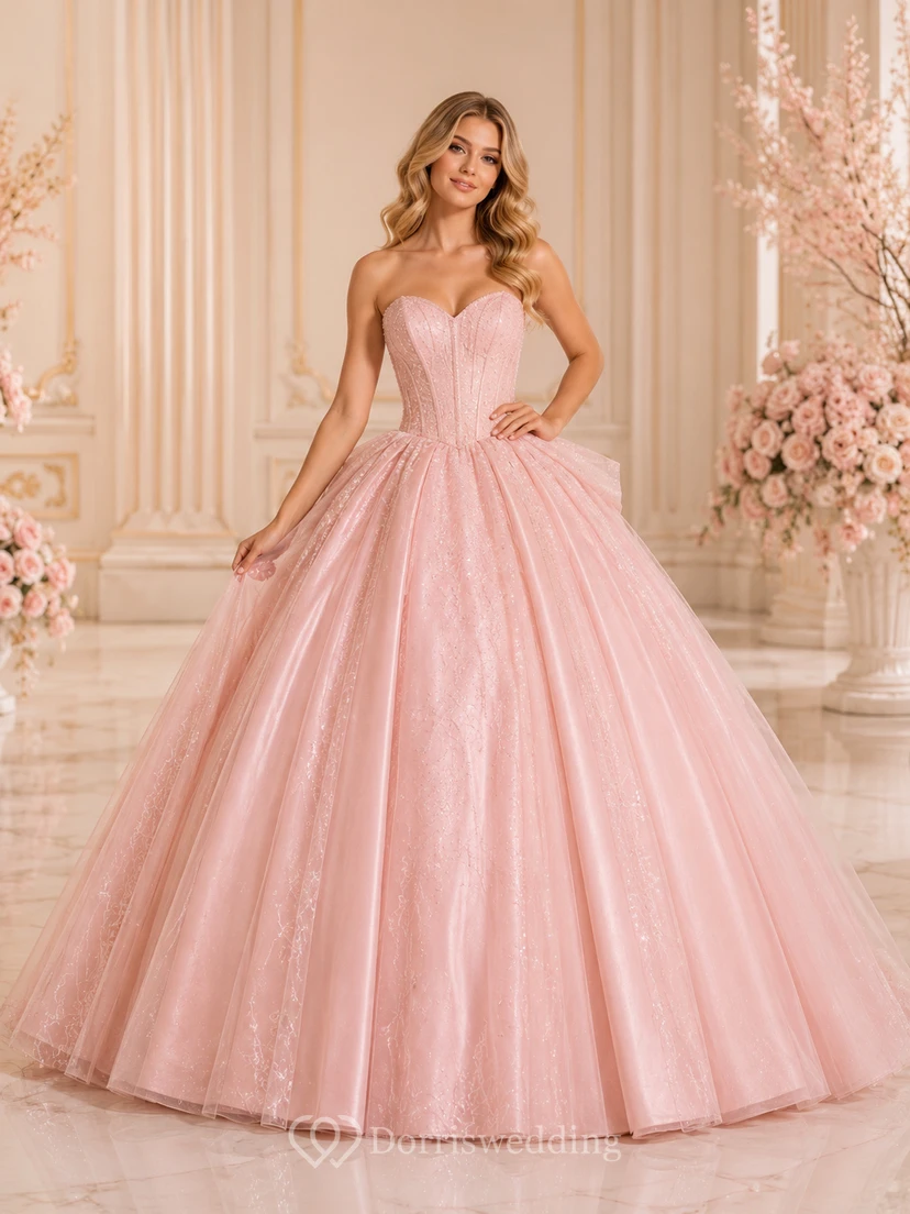 Robe de bal de princesse rose poudré, luxueuse, bustier, décolleté cœur, nœud surdimensionné et paillettes, pour les 16 ans.