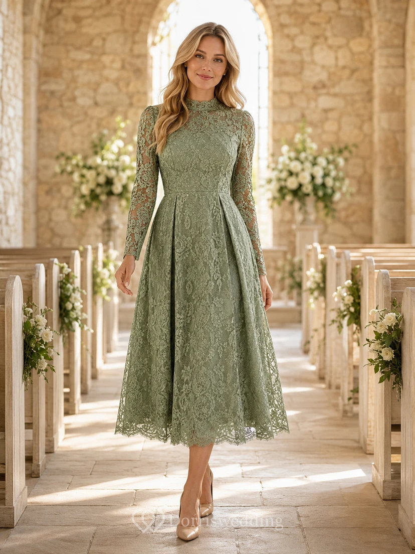 Sage High Neck Lace Long Sleeve Religious Guest Midi Dress