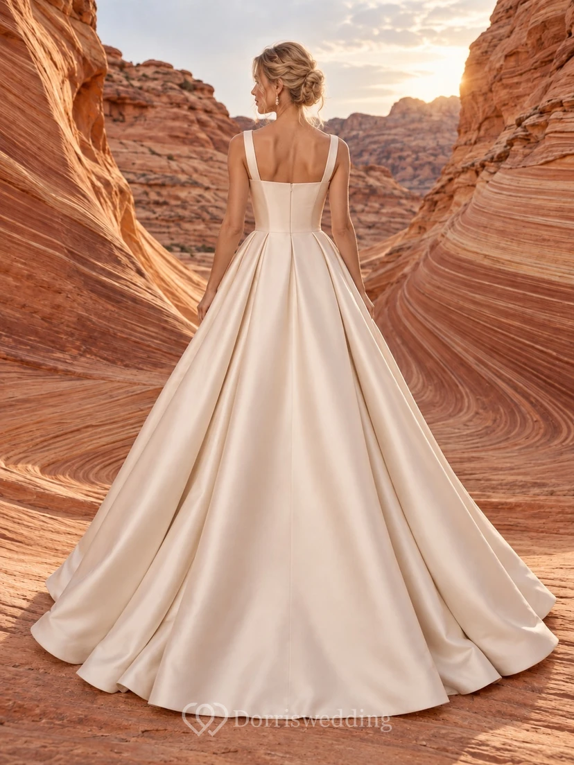 Vestido de novia sencillo de satén plisado sin mangas con escote cuadrado, largo hasta el suelo. view 2