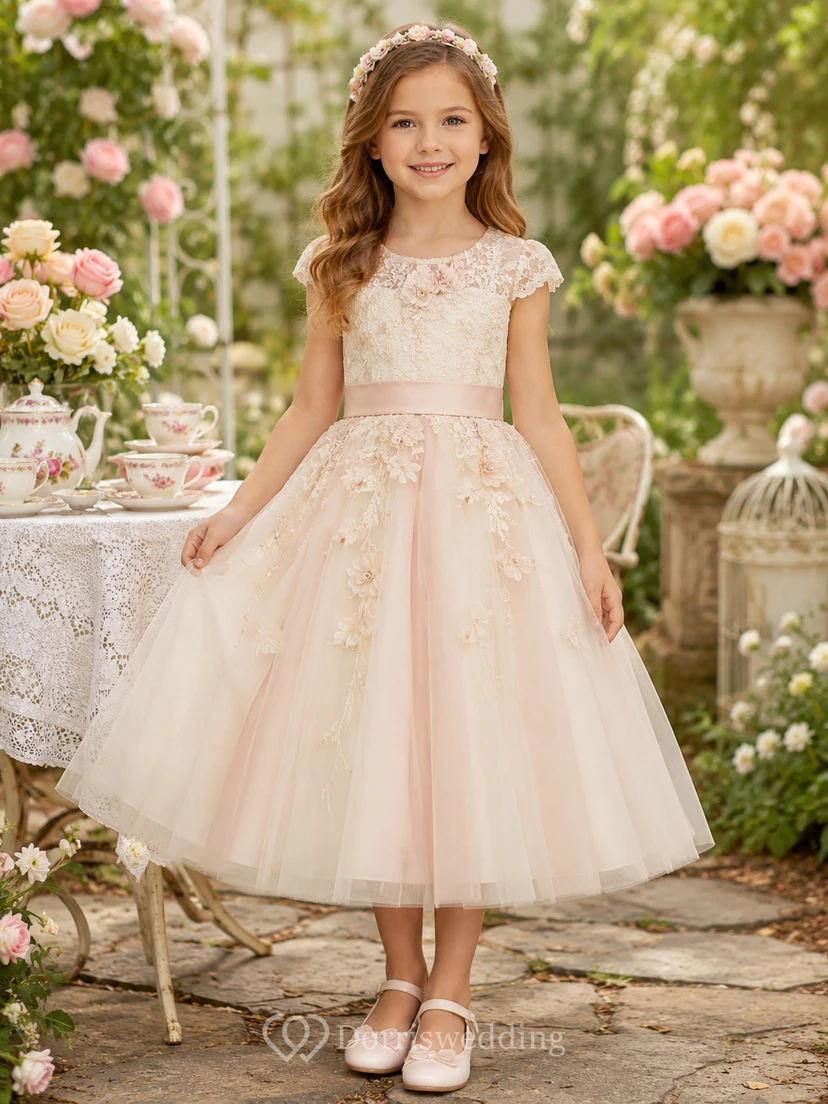 Vestido de niña de flores color marfil, romántico, largo hasta la rodilla, corte en A, encaje, manga corta, lazo de tul.