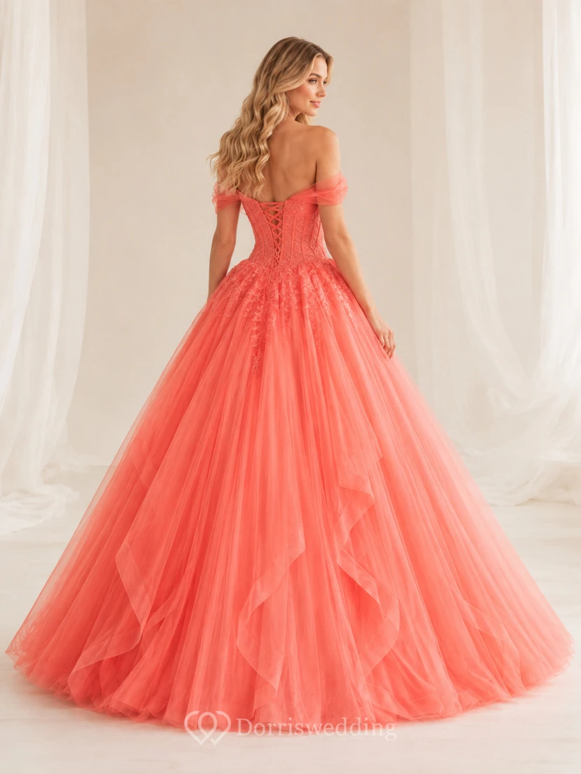 Coral Off-Shoulder Sweetheart Tulle Ball Gown Quinceanera Dress Reception Romantic view 2