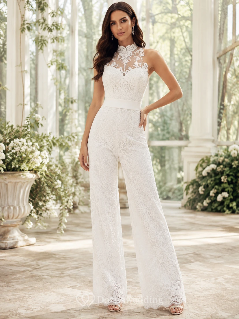 Mono de boda largo hasta el suelo, sin mangas, con cuello halter, encaje integral, cremallera en la espalda y perneras anchas.